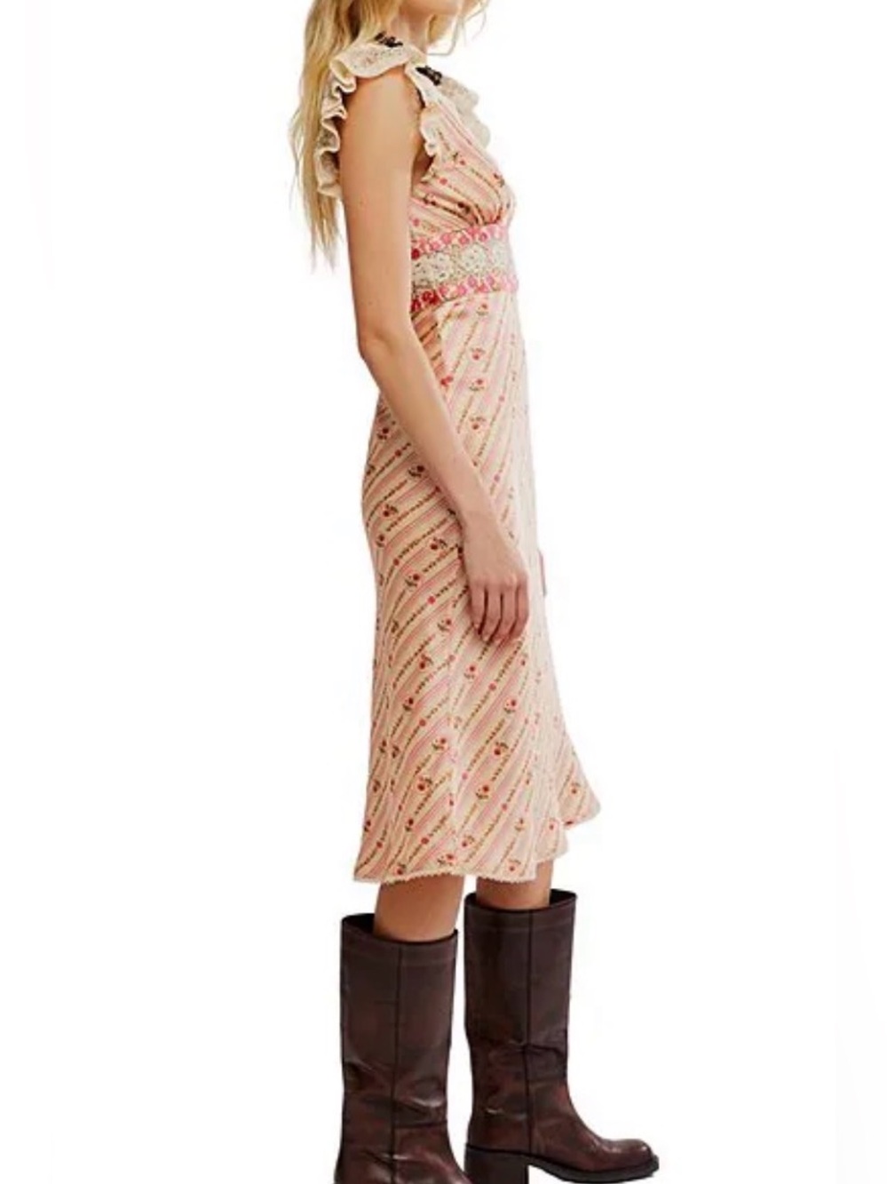 NWT Free People Bali Belle Floral Ruffle Satin Midi Dress in Color: Soft Pink - Picture 4 of 5
